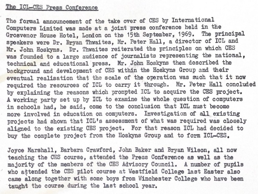 The ICL-CES Press Conference 1969, typewritten account