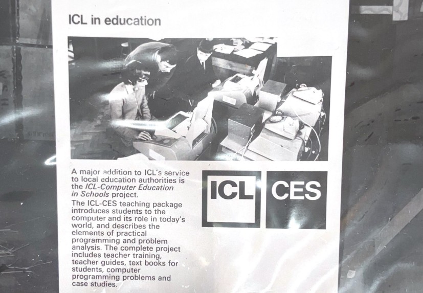ICL in Education brochure showing students using computers, c.1969